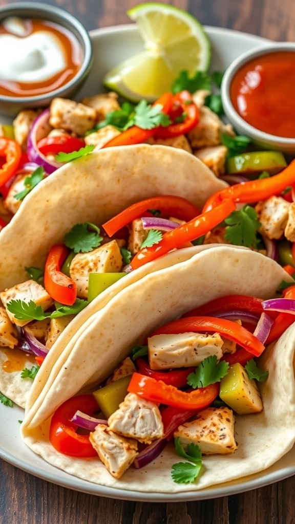 A plate of chicken fajitas with colorful peppers and onions in tortillas, garnished with cilantro and served with sour cream and salsa.